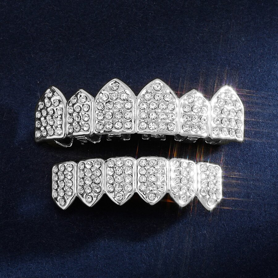 Fashionable & Funny & Personalized Micro Pave Cubic Zirconia Teeth Grillz, Party Accessories - Silver - View 1