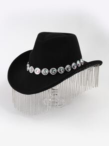 1入組水鑽和流蘇裝飾牛仔帽適用於女士們,奢華牛仔帽適用於爵士樂舞蹈表現和時尚配件 - 黑色 - 查看 2