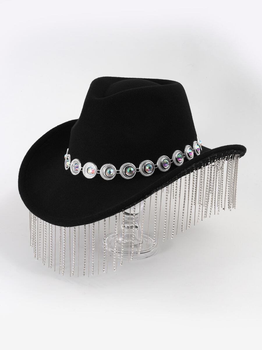 1入組水鑽和流蘇裝飾牛仔帽適用於女士們,奢華牛仔帽適用於爵士樂舞蹈表現和時尚配件