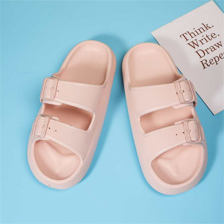 Zapatillas de mujeres hebilla con tira doble grueso suela EVA - Rosa - Ver 1