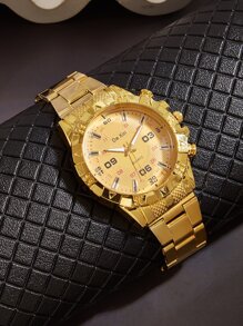 1pc Business Watch For Man Luxury Stainless Steel Quartz Wristwatch Gold Clock Simple Dial Men Watches - Gold - View 3