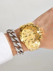 1pc Business Watch For Man Luxury Stainless Steel Quartz Wristwatch Gold Clock Simple Dial Men Watches - Gold - View 2