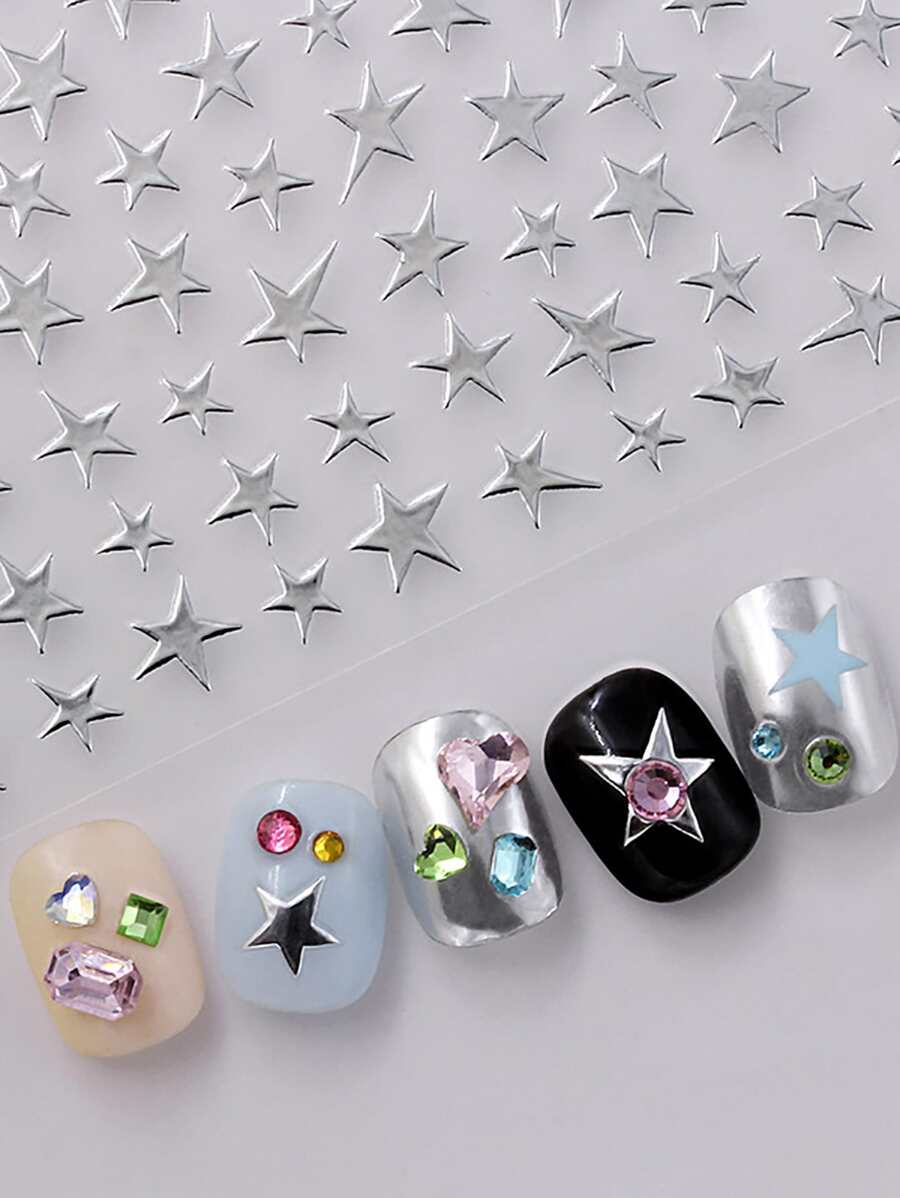2片装金银星星美甲贴纸不对称贴花闪亮星光美甲装饰粘性美甲滑块