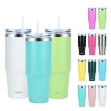 watersy 1入組帶蓋和吸管的30oz儲水杯，不鏽鋼絕緣儲水杯咖啡杯，耐用的雙層真空旅行咖啡杯保溫保冷飲品，飲料器具，藍色 - 蒂芙尼藍 - 查看 1