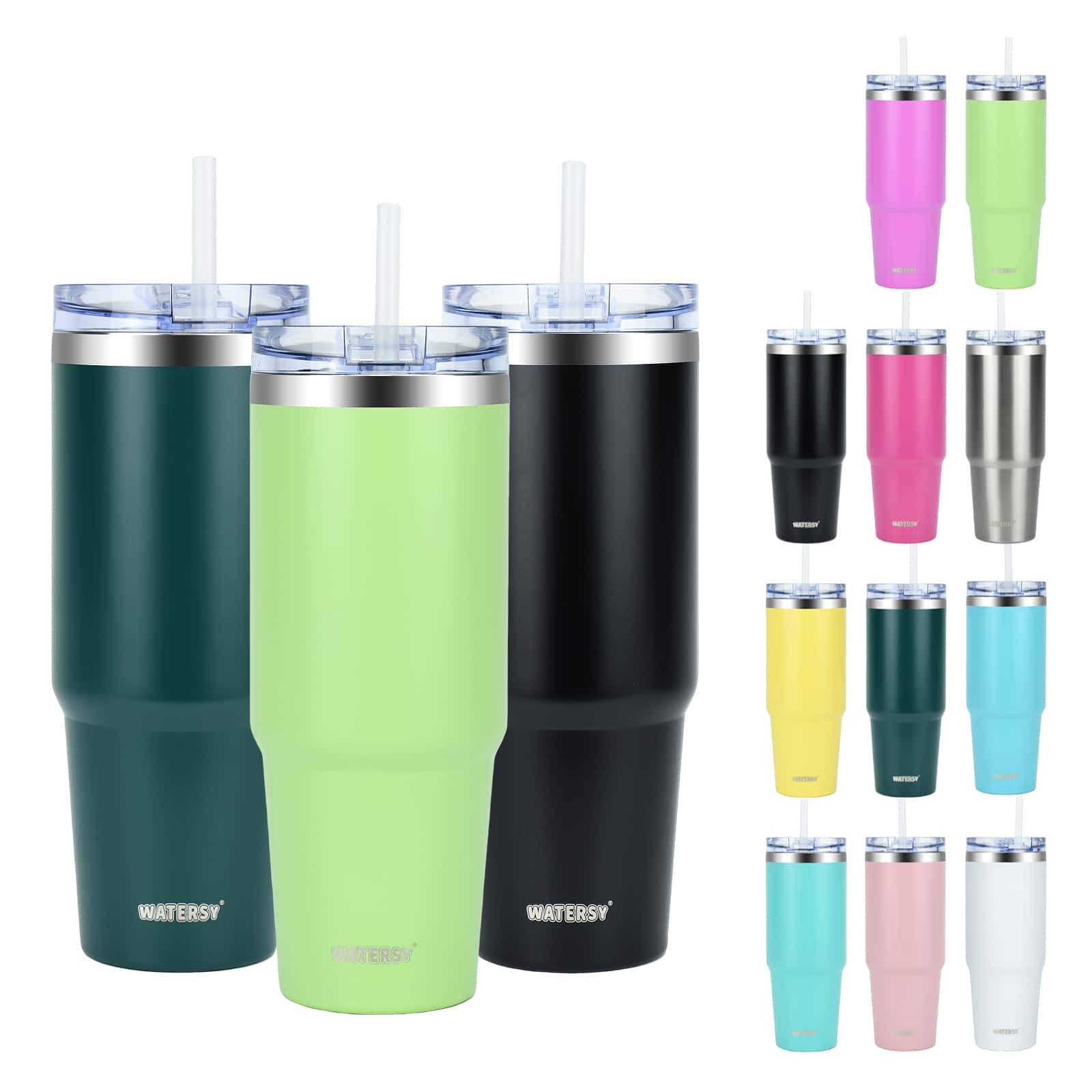 watersy 1 chiếc cốc có nắp và ống hút 30oz, cốc cà phê cách nhiệt bằng thép không gỉ, cốc cà phê du lịch chân không treo tường đôi bền nhiệt cho đồ uống nóng và lạnh, đồ uống, màu xanh lá cây - Matcha xanh - Xem 1