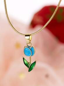 1入組鬱金香設計滴油鎖骨項鍊 - 藍色 - 查看 2