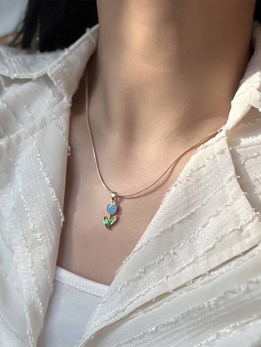 1入組鬱金香設計滴油鎖骨項鍊 - 藍色 - 查看 1