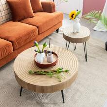 COZAYH 2-Piece Modern Farmhouse Living Room Coffee Table Set, Nesting Coffee Table Round Natural Wood Finish - Natural Ring Pattern - View 7