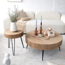 COZAYH 2-Piece Modern Farmhouse Living Room Coffee Table Set, Nesting Coffee Table Round Natural Wood Finish - Natural Ring Pattern - View 9