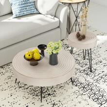 COZAYH 2-Piece Modern Farmhouse Living Room Coffee Table Set, Nesting Coffee Table Round Natural Wood Finish - White Ring Pattern - View 2