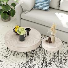COZAYH 2-Piece Modern Farmhouse Living Room Coffee Table Set, Nesting Coffee Table Round Natural Wood Finish - White Ring Pattern - View 8