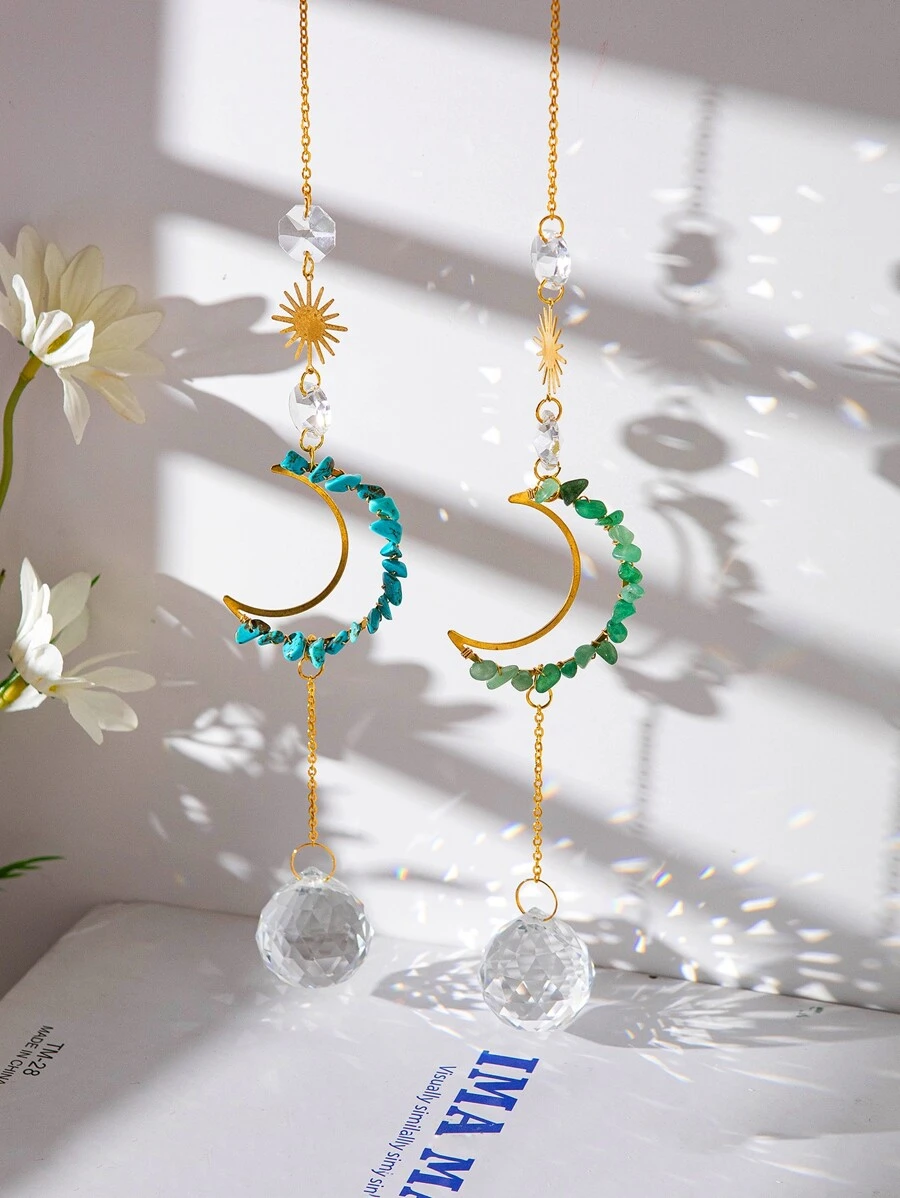 1入組水晶裝飾掛飾帶月長石和太陽形狀吊墜,陽台,花園裝飾用品 - 彩色 - 查看 1