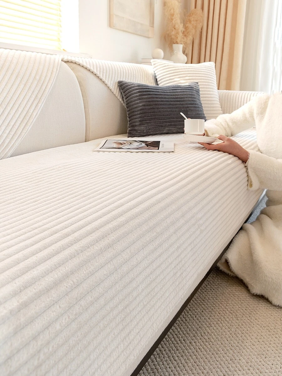 1 Miếng Flannel Sọc Đệm sofa Chống trượt Dày lên Chỗ ngồi Tấm lót màu trơn Bọc ghế sofa Slipcover Đối với Sofa In Nhiều loại Kích thước ( Cá nhân ) - Màu be - Xem 1