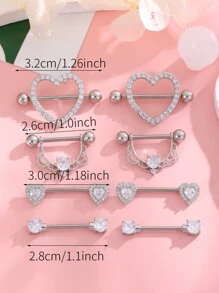 4pairs Stainless Steel Heart Shaped Small Love U Circle & Round Cubic Zirconia Nose Rings - Silver - View 3