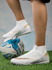 1pair Anti-Slip Sporty Men Sneakers, Geometric Pattern Fabric High Top Football Cleats Ronaldo