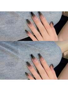 24入組芭蕾舞形狀中長款黑色漸層壓克力假指甲，法式穿戴，可拆式假指甲用品 - 黑色 - 查看 3