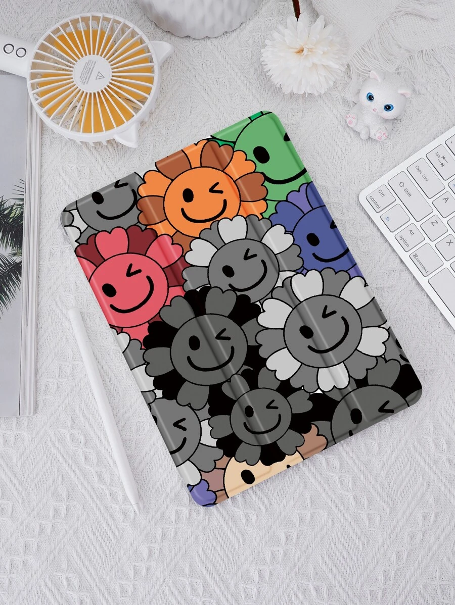 笑脸花朵保护壳兼容 iPad 10.2 英寸 2021/2020 iPad 第 9/8 代，兼容三星 Galaxy Tab A8 10.5 英寸 2022，兼容 Tab 保护套，带笔架，支持自动睡眠/唤醒盖