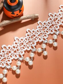 1入組新款歐美時尚跨境人造珍珠吊墜個性化蕾絲領適合萬聖節 - 白色 - 查看 3
