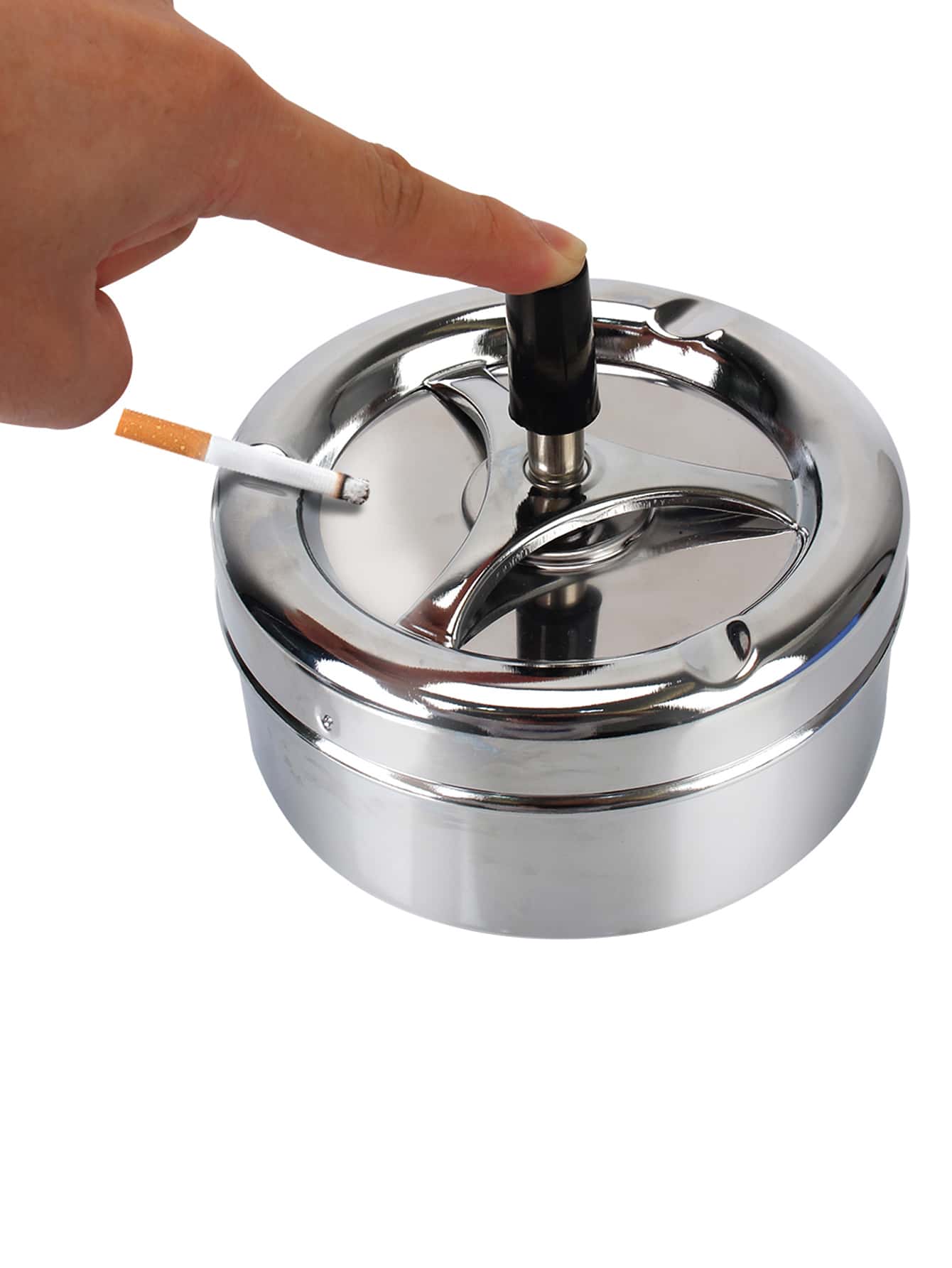 香煙煙灰缸適用於家庭辦公室酒店香煙煙灰缸按旋轉蓋不銹鋼紡紗素色煙灰缸 - 銀色 - 查看 1