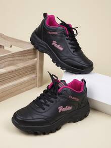 Winter Thickened Lace-Up Chunky Shoes With Letter Pattern - Black - View 3