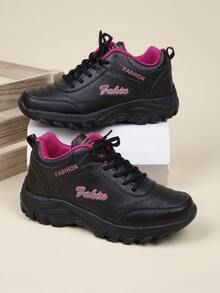 Winter Thickened Lace-Up Chunky Shoes With Letter Pattern - Black - View 4