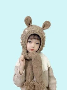 Girls Ear & Pom Pom Decor Hat With Scarf - Coffee Brown - View 4