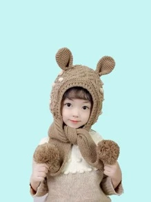 Girls Ear & Pom Pom Decor Hat With Scarf - Coffee Brown - View 5