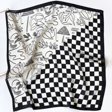 26.77英寸女士时尚透气多功能仿丝印花方巾/头巾/领带/发带/包包配饰，1条装，可作头巾、发带、发箍使用，是装扮、海滩、度假、配饰和旅行的理想之选。 - 黑與白 - 查看 2