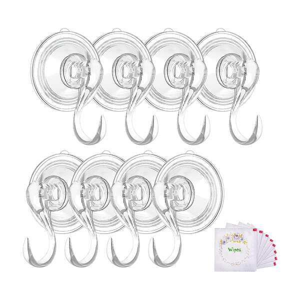 HMSEC 4/6/8 Pcs Suction Cup Hooks Wreath Hanger, Halloween Christmas Wreath Decorations Wreath Hooks Clear Suction Cup Hooks with Wipes 22 LB Removable Strong Window Glass Door Suction Cup Holder
