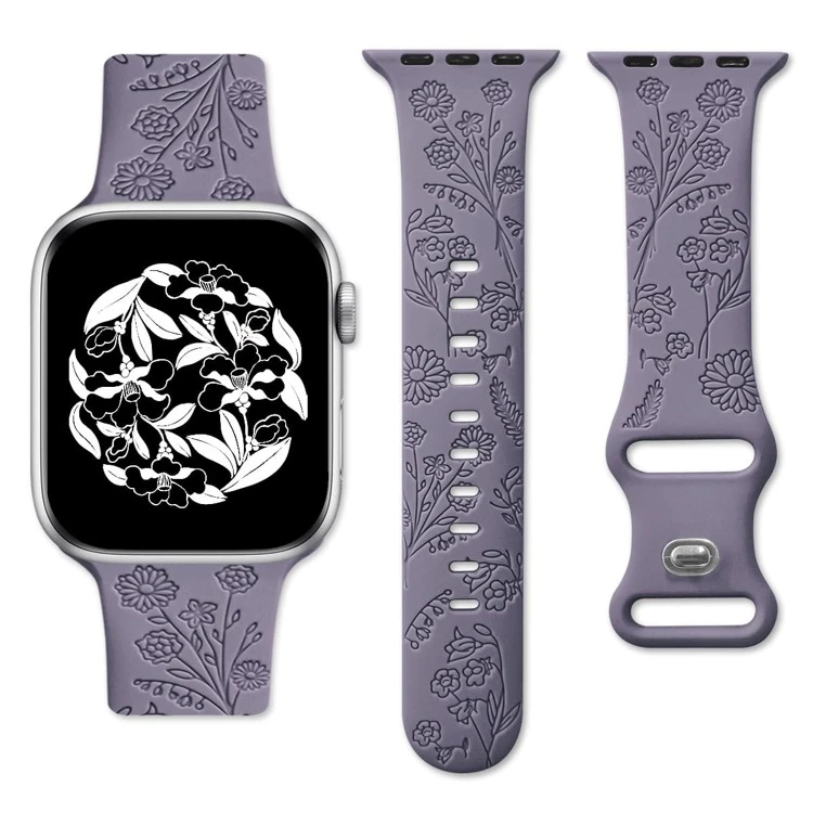 1 pc St.Siabe דפוס פרחים מגולף בלייזר רך סיליקון עמיד למים רצועת שעון ספורט תואמת Apple Watch 38 מ"מ 40 מ"מ 41 מ"מ 42 מ"מ 44 מ"מ 45 מ"מ 49 מ"מ, תואם עם Apple Watch Series 10 9 8 7 6 5 4 3 2 1 SE Ultra Loop Band Replacement - אפור - ראה 1