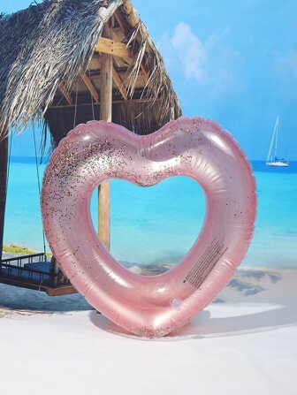 1pc Heart Shaped Pvc Glitter Inflatable Swimming Ring, Transparent