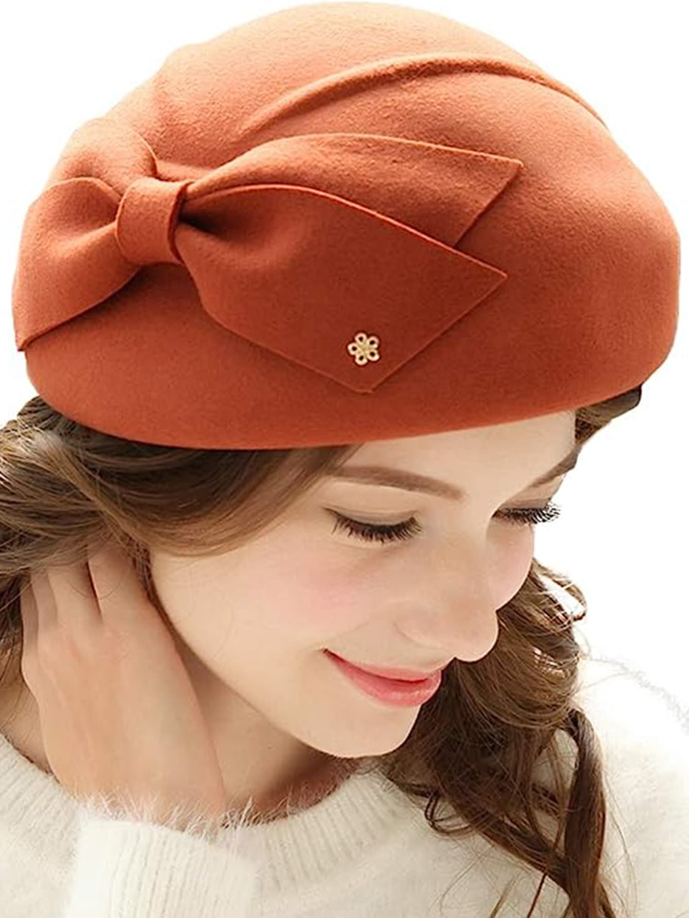 HIMESPORT 法國貝雷帽女式時尚 100% 羊毛氈軟呢帽冬季橙色女優雅鐘形帽 - 橘色 - 查看 1
