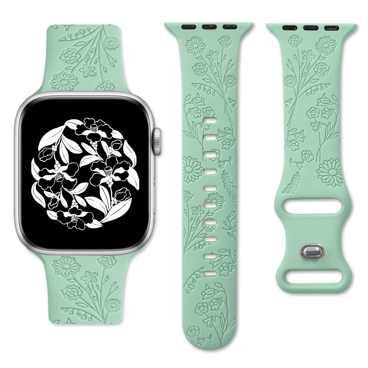 St.siabe 1 条中性花卉雕刻硅胶表带，防水运动表带，兼容 Apple Watch Series 10/9/8/7/6/5/4/3/2/1、SE、Ultra、38mm/40mm/41mm/42mm/44mm/45mm/49mm - 綠色 - 查看 1