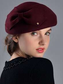 HIMESPORT 法國新娘貝雷帽女式時尚100%羊毛氈軟呢帽冬季酒紅色女優雅鐘形帽 - 酒紅色 - 查看 3