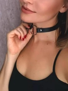 1 chiếc vòng cổ bằng da PU màu đen và kim loại hình tròn thời trang Gothic choker dây nịt Halloween - màu đen - Xem 2