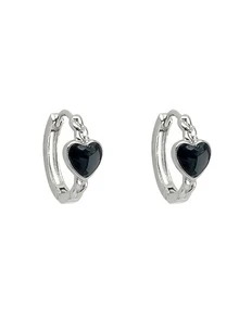 GAGAFEEL 1雙ins風格獨特甜美風&酷設計簡約風多用途時尚S925銀黑色心形耳釘適合女士生日禮物 - 銀色 - 查看 6