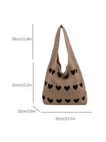 Cute Cartoon Knitted Tote Bag, Heart Print Shoulder Bag, Women's Fashion Handbag & Hobo Purse Color Block Heart Pattern Fashion Crochet Bag Valentines, Fashionable Heart Purse, Perfectly Match With Valentine Day Dress