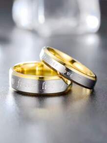 Love情侶戒指套裝,18K金鍍金鈦鋼時尚圓環,流行和個性化首飾配件 - 金色 - 查看 4