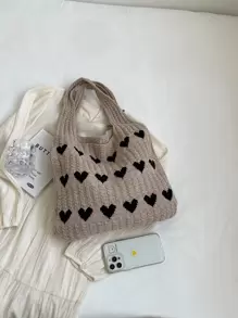 Cute Cartoon Knitted Tote Bag, Heart Print Shoulder Bag, Women's Fashion Handbag & Hobo Purse Color Block Heart Pattern Fashion Crochet Bag Valentines, Fashionable Heart Purse, Perfectly Match With Valentine Day Dress