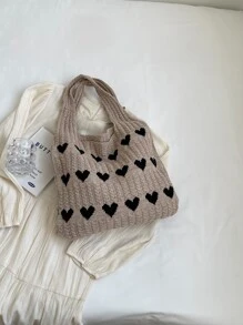 Cute Cartoon Knitted Tote Bag, Heart Print Shoulder Bag, Women's Fashion Handbag & Hobo Purse Color Block Heart Pattern Fashion Crochet Bag Valentines, Fashionable Heart Purse, Perfectly Match With Valentine Day Dress