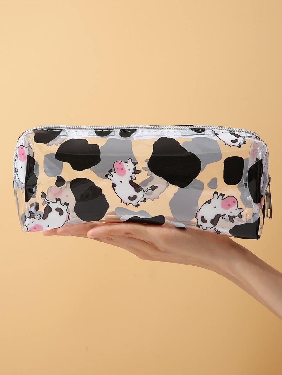 时尚卡通奶牛图案印花透明PVC铅笔盒，返校季必备，学习用品，铅笔袋，书包，文具 - 彩色 - 查看 1