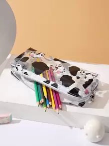 时尚卡通奶牛图案印花透明PVC铅笔盒，返校季必备，学习用品，铅笔袋，书包，文具 - 彩色 - 查看 3