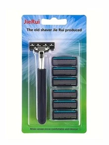 安全剃刀6層刀片剃鬚刀1刮胡刀手柄和6刮胡刀頭 - 黑色 - 查看 2