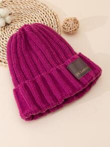 1pc Thickened Warm Knit Beanie Hat In Elegant & Simple Style, With Patch Logo And English Lettering, Dark Pink - Red Violet - View 2