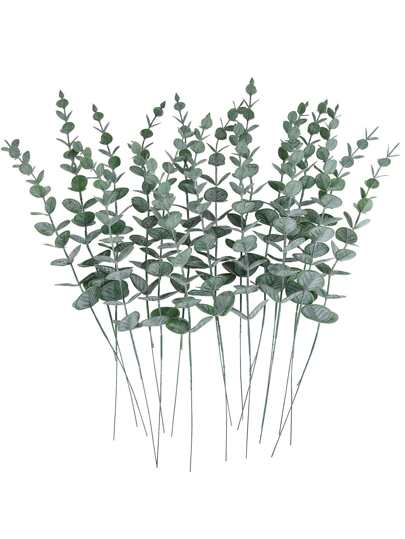 5/10/12/20pcs Artificial Eucalyptus Leaves Stems, Dark Green Frost White Foliage, Wedding DIY Flower Arrangement, Home Living Room Decor Gifts Birthday Graduation