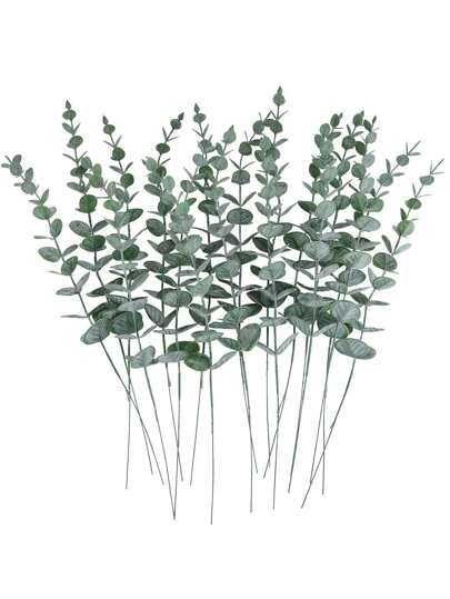 5/10/12/20pcs Artificial Eucalyptus Leaves Stems, Dark Green Frost White Foliage, Wedding DIY Flower Arrangement, Home Living Room Decor Gifts Birthday Graduation