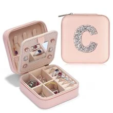 Initial Jewelry Box For Women Teen Girls Small Pink Jewelry Case Organizer Vocation Travel Essentials Graduation Gifts  For Women Teen Girls Teenage Gifts