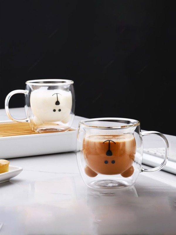 1pc Double Layered Glass Cartoon Mug, Household High Borosilicate Glass Juice Cup, Milk Tea Cup, Transparent Glass Teddy Bear Water Cup