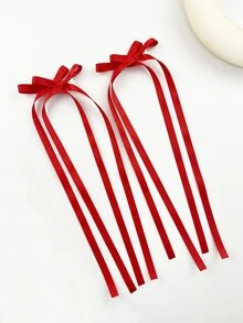 2pcs Ladies' Solid Color Simple All-match Braid Bow Ribbon Hair Clip  For back to school - Red - View 2