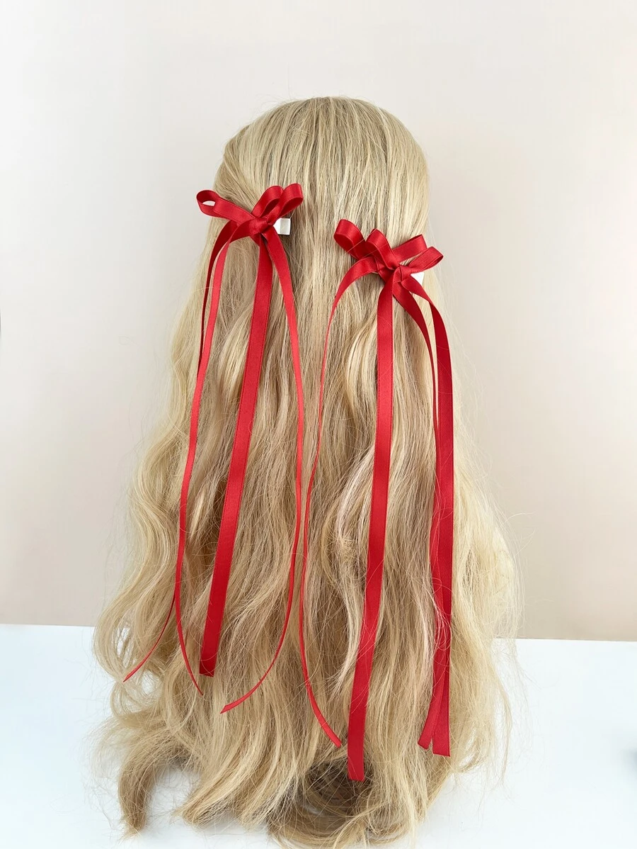 2pcs Ladies' Solid Color Simple All-match Braid Bow Ribbon Hair Clip  For back to school - Red - View 1